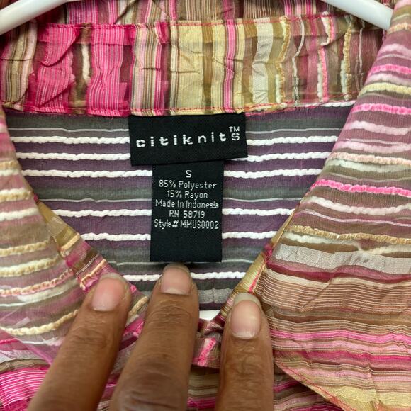 CitiKnits Sheer Seersucker Blouse Casual Button Down Striped Womens Small Artsy - Picture 4 of 11